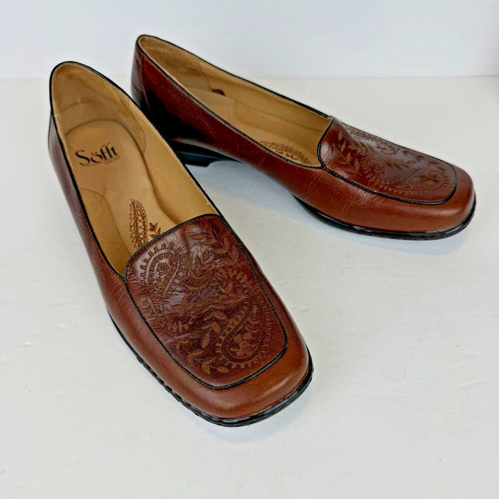Sofft Embroidered Paisley Loafers Size 9N Brown Leather Embossed Square Toe